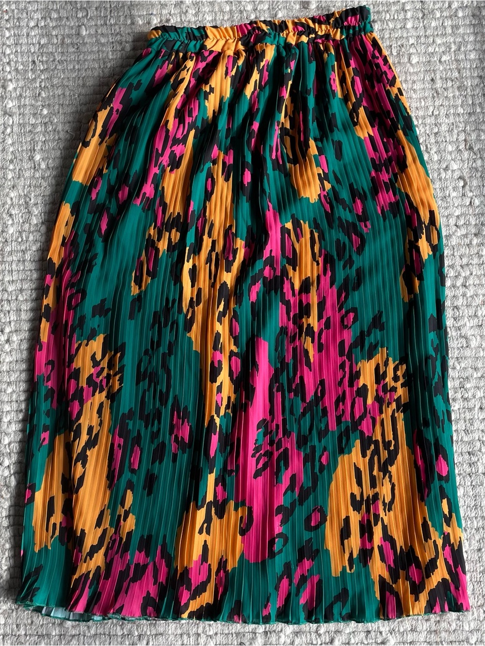 Love Pleated Animal Print Midi Skirt in Teal, Pink & Mustard